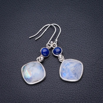 

Natural Rainbow Moonstone And Lapis Lazuli Handmade 925 Sterling Silver Earrings 2" D3363