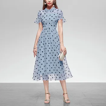 

Seifrmann Women Summer Fashion Runway A-Line Dress Flare Sleeve Dot Printed Elegant Female Mesh Party Midi Dresses vestidos
