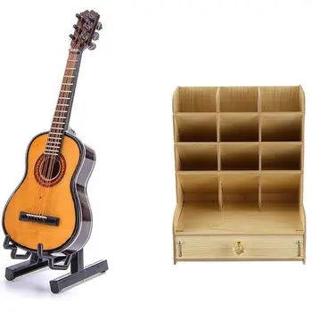 

Wooden Mini Ornaments Guitar with Holder( 5.1 Inch/13 CM) & White Multi-Function Wood 13 Grids Desktop Stand Holder