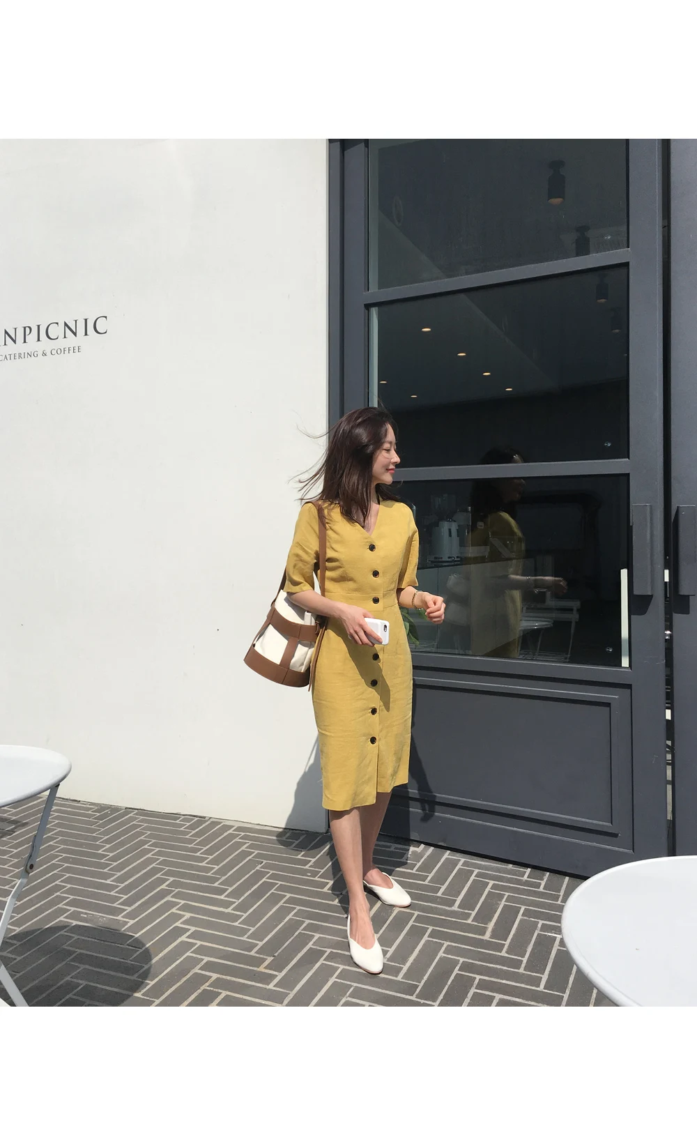 New Summer Dress Women Cotton Linen OL Casual Half Sleeve Dresses Female Dress V neck Solid Yellow Dress Boho Robe Femme Vestido