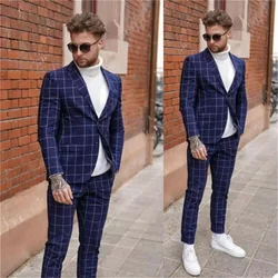 Navy Blue Men Suits Formal Slim Fit Custom Made Plaid Blazer Gtoomsmen Fashion Street Wear Prom Party Casual 2 Pieces Suit Sets