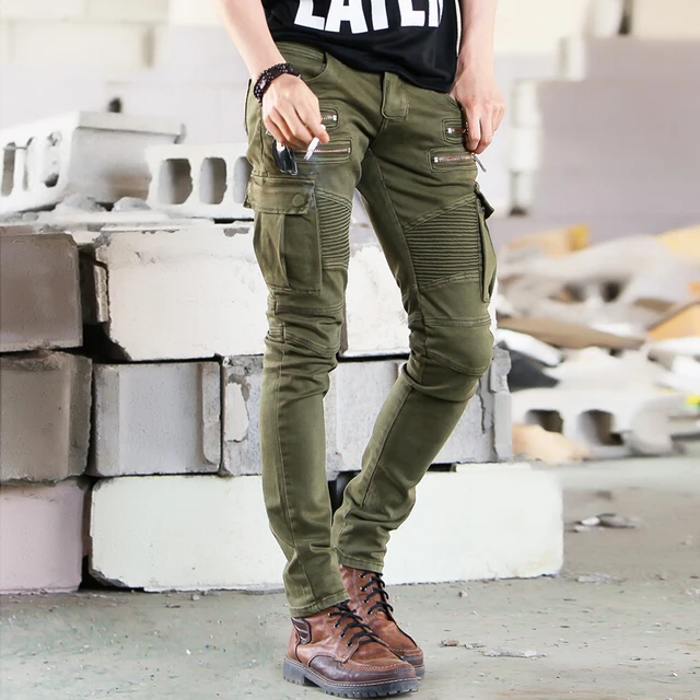 Men's Jeans Green Denim Biker Jeans Skinny New Runway Distressed Slim  Elastic Homme Hip Hop Military