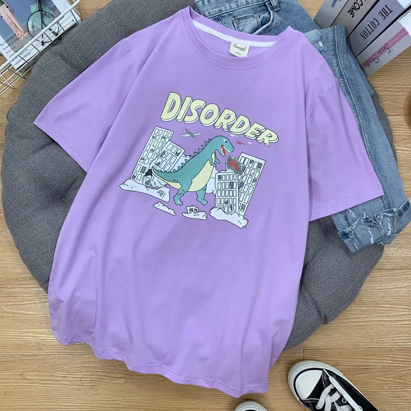 95% Cotton summer Ins Hot Plus Size women t-shirts harajuku Korean Streetwear couple clothes dinosaur short Tops japanese D03