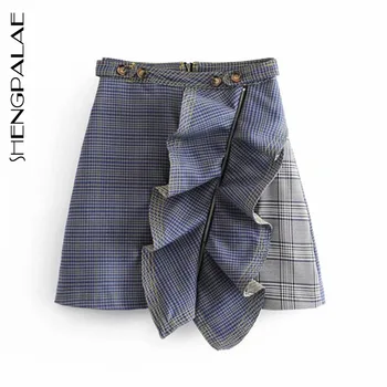 

SHENGPALAE 2020 Fashion Summer Women Vintage Ladies Pleated Hit Color A-line Skirt With Check Stitching And Ruffled Skirt ZA4001
