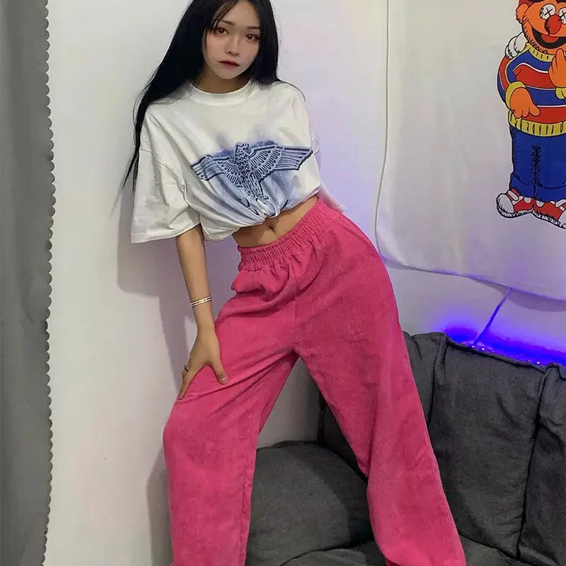 HOUZHOU Pink Corduroy Wide Leg Pants Women Korean Style Summer Straight High Waist Trousers Female Fashion Streetwear Aesthetic