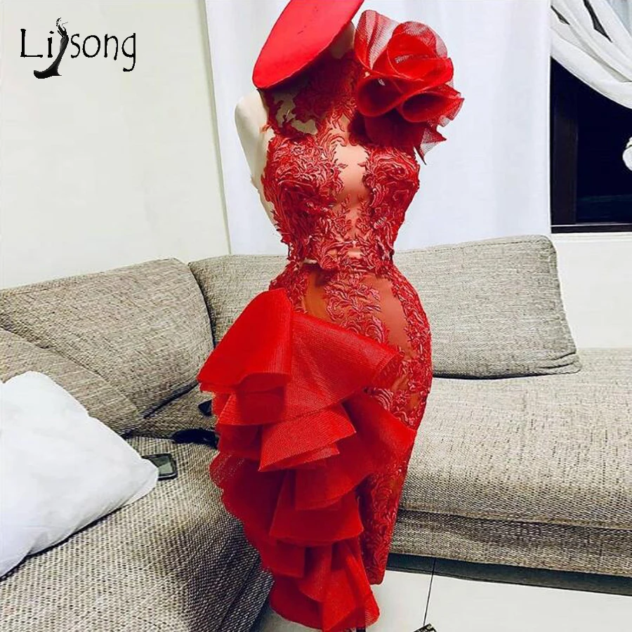 Real Image Red Lace Sexy Knee Length 