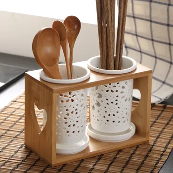 

Wood Ceramic Chopsticks Bucket Double Cylinder Storage Chopsticks Rack Tableware Storage Box Kitchen