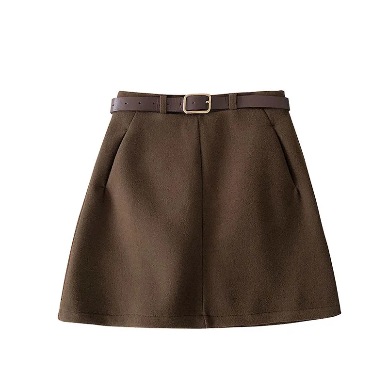 Весеннее Новое поступление винтажные темпераментные офисные юбки трапециевидной формы с завышенной талией женские шерстяные мини-юбки с поясом - Цвет: Хаки