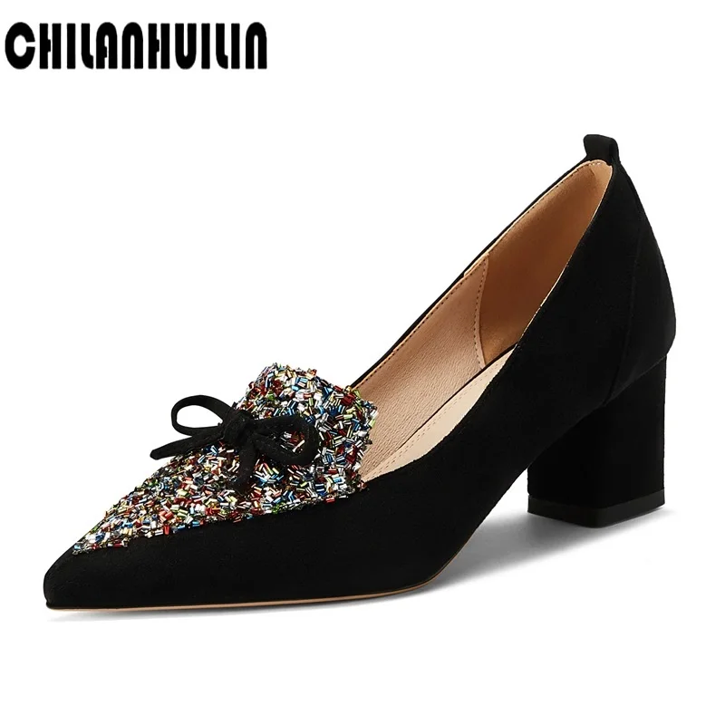 

new bling fashion pumps wedding shoes faux suede leather bow-tie platform shoes woman black blue orange office lady dress shoes