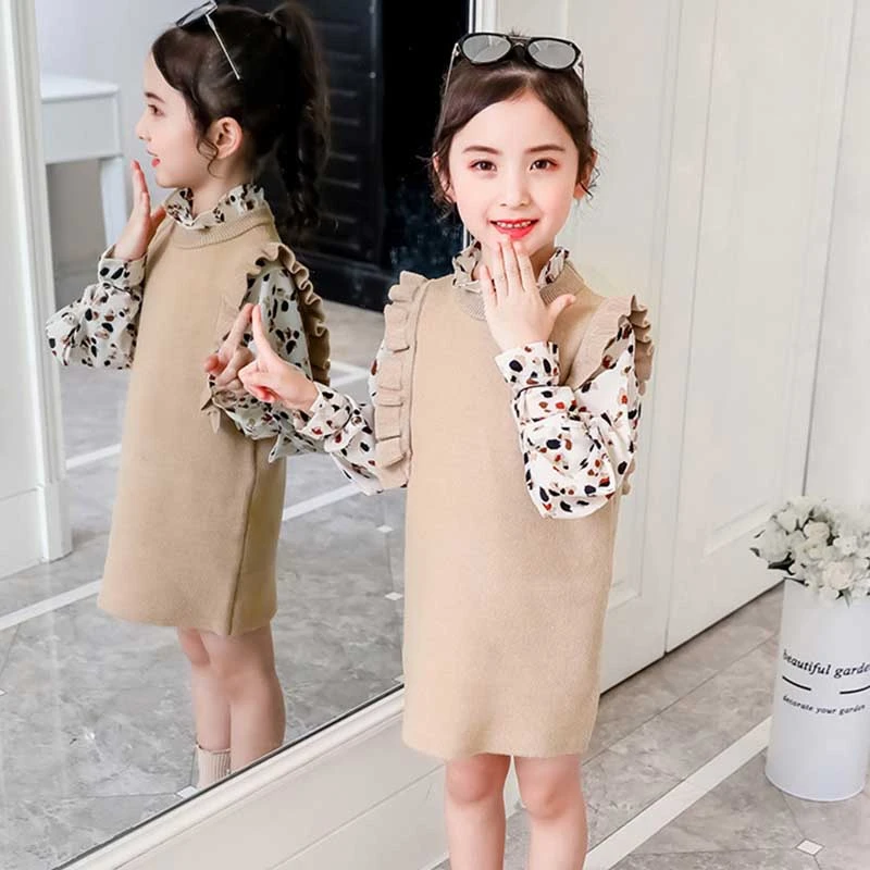 

Knitting Dress Girl Clothing Set Teenage Autumn Kids Clothes Sets Children Long Sleeve Tops And Sleeveless Sweater Dresses Suits