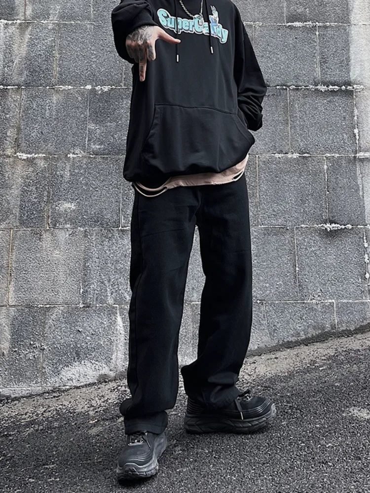 ICCLEK 2021 High Street Jeans Men's Printed Jeans Loose Straight Pants Plus Velvet Mopping Pants Autumn and Winter Jeans