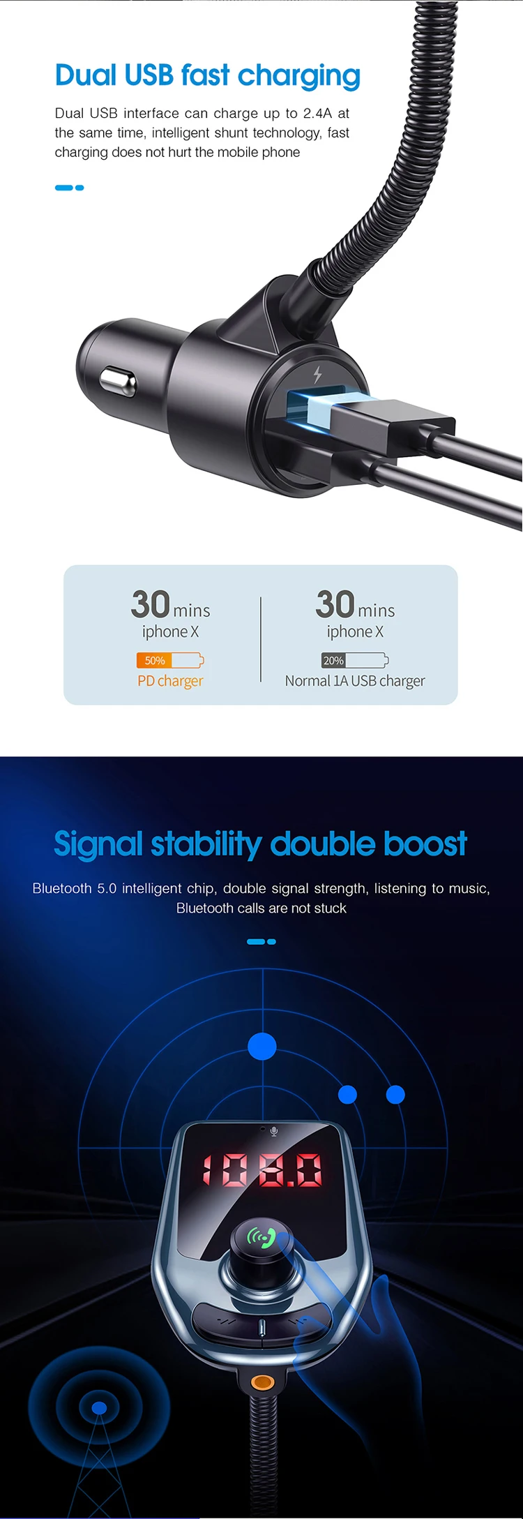 QC3 двойное USB Автомобильное зарядное устройство fm-передатчик аудио модулятор Bluetooth Handsfree автомобильный комплект 1,8 дюймовый ЖК-дисплей беспроводной MP3-плеер