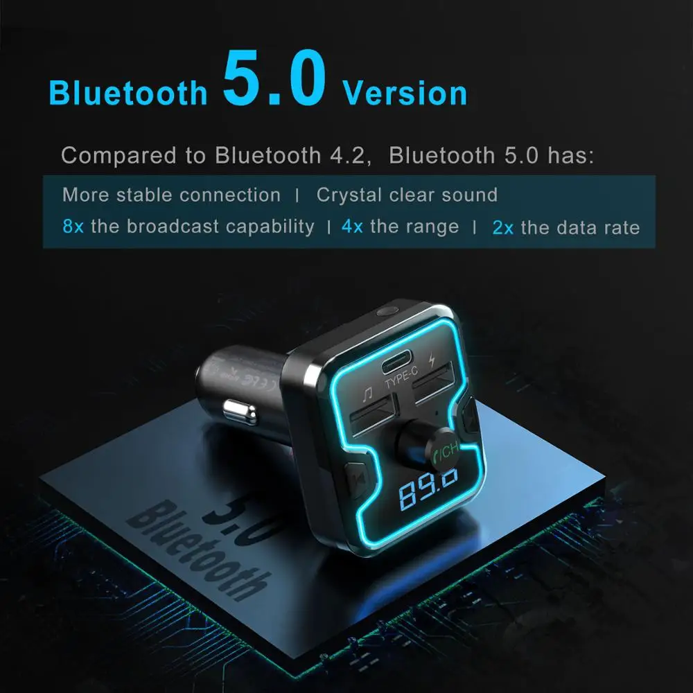 TeckNet Bluetooth 5,0, fm-передатчик, 5 В/а, двойной USB, автомобильное зарядное устройство, беспроводная гарнитура, аудио приемник, Авто mp3-плеер, USB зарядное устройство