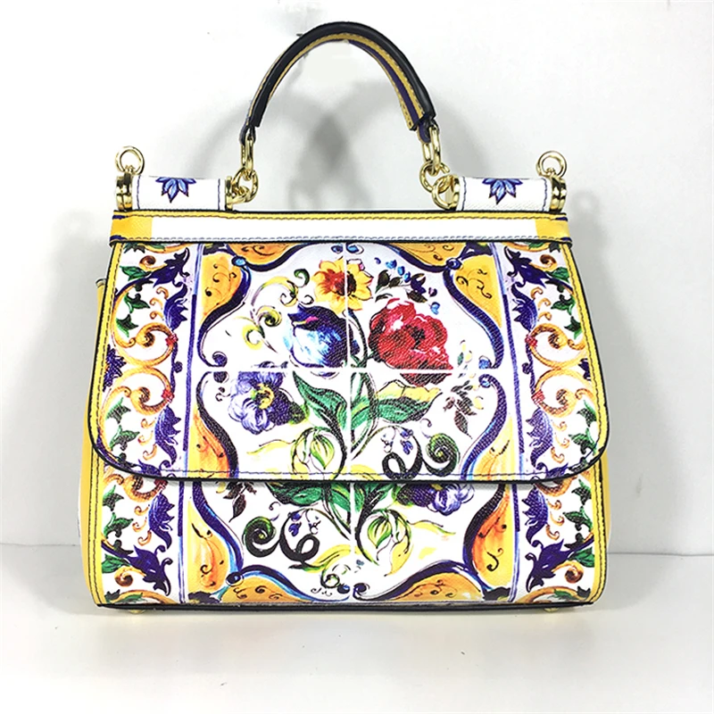 

Famous Designer Yellow Flowers Painted Shoulder Bag Luxury Brand Ethnic Genuine Leather Tote Handbag Louis Brand Channels GG Bag