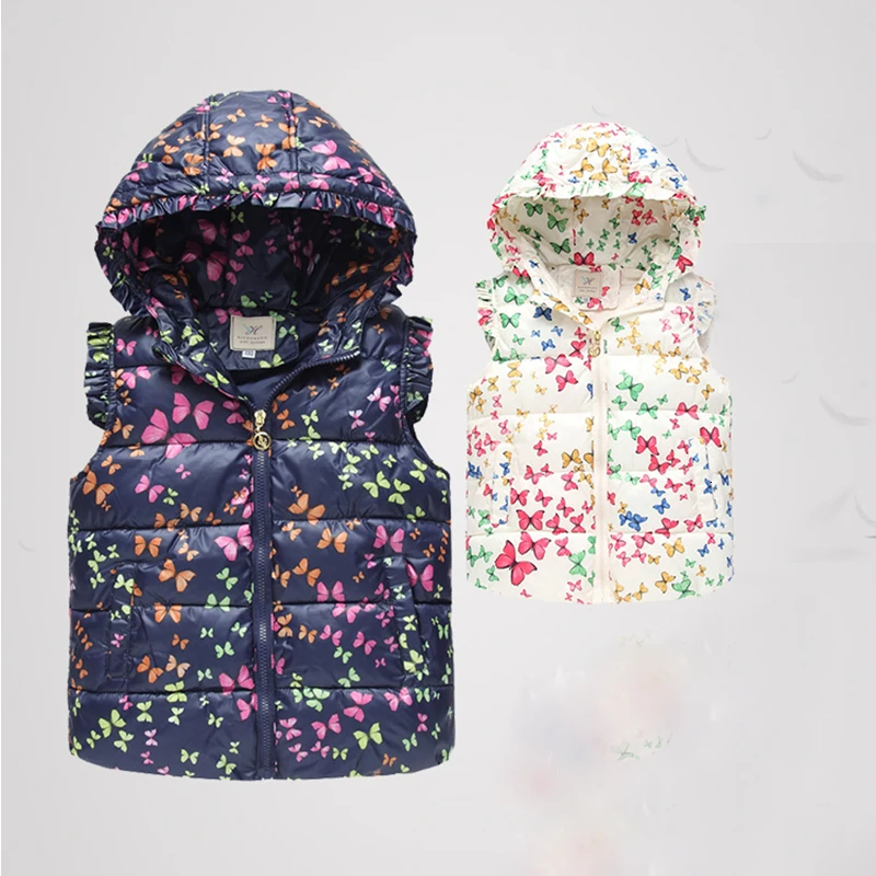 Новая зимняя Детская жилетка с принтом бабочки, жилет для маленьких девочек с капюшоном, красивый жилет детская теплая одежда