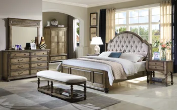 

Antique wooden bedroom set furniture king queen size bed wardrobe and chest of drawers