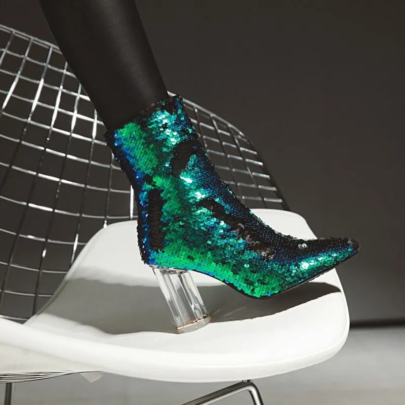 

US4-11 Womens Pointed Toe Ankle Boots Side Zipper Block Crystal Transparent High Heel Shoes Sequins Bling Plus Size 5Colors