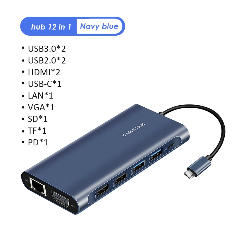Кабель USB C концентратор к HDMI USB 3,0 VGA мульти концентратор кард-ридер RJ45 USB C дата передачи адаптер для Matebook PD зарядки N305 - Цвет: 12in1 Dark Blue HUB