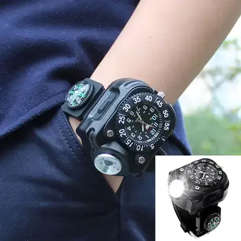 

3-in-1 Outdoor Sports Rechargeable Bright LED Flashlight Compass Wrist Watch men's Luxury Wrist Watches reloj mujer