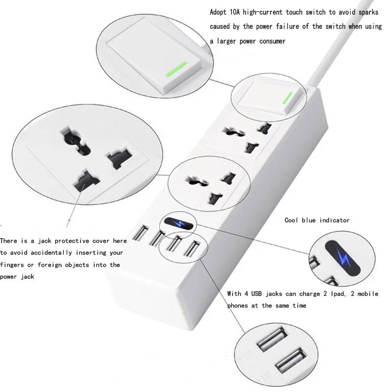 Удлинитель электрический универсальный 2 штырька 1 8 м 4 USB порта|Удлинители