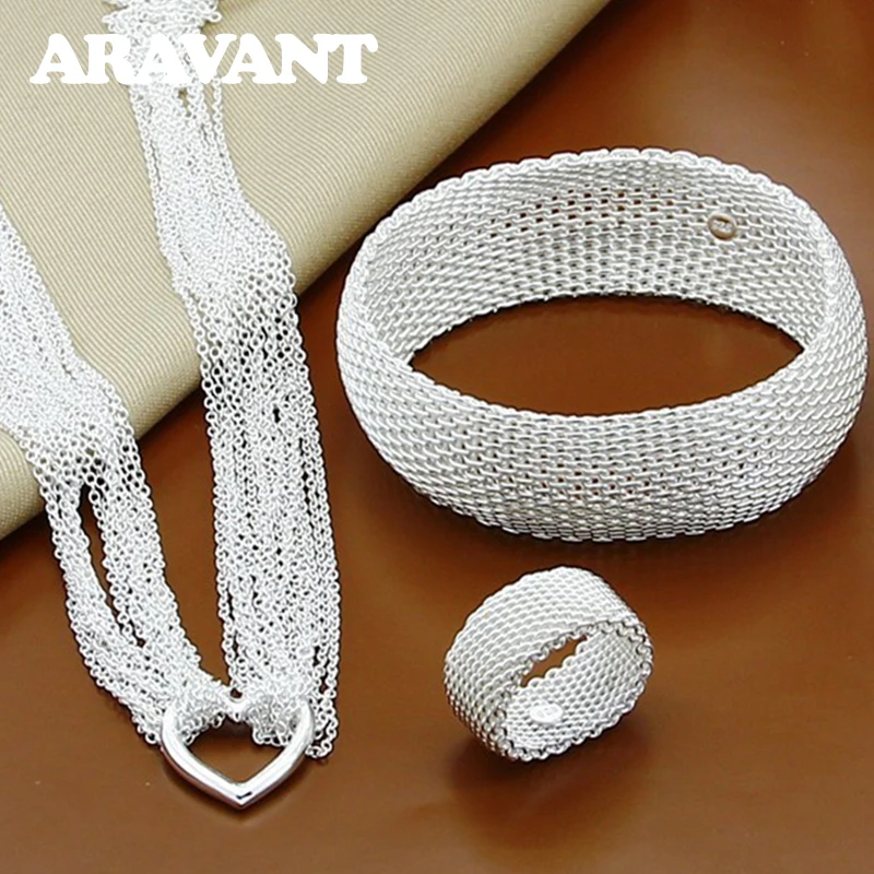 

925 Silver Heart Multi Layers Necklace Chain Weave Bangle Ring Fashion Wedding Jewelry Set