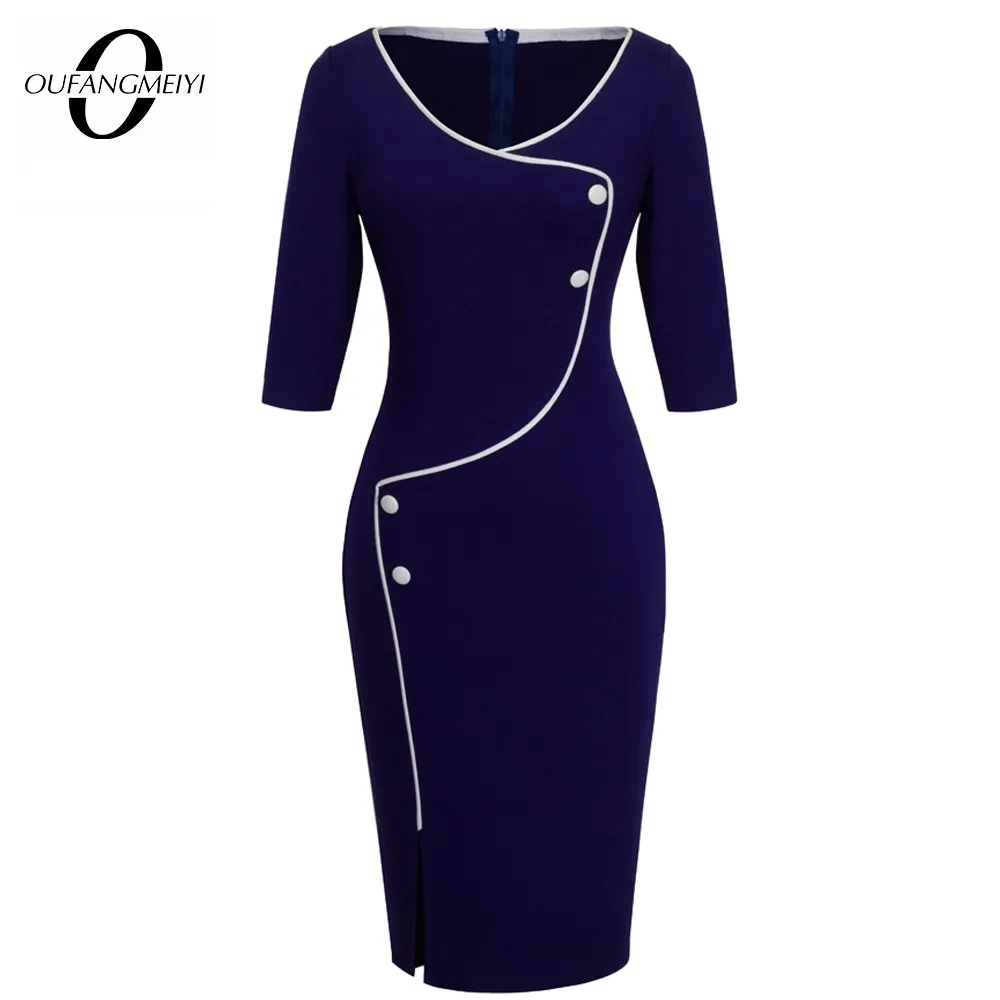 

Women Casual Pinup Button Elegant Brief Solid Color Pencil Dress Vintage Round Neck Bodycon Dress EB329