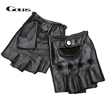 

Gours Winter Men's Genuine Leather Fingerless Gloves Black Half-Finger gym Workout Fitness Driving Moto Goatskin Gloves GSM017