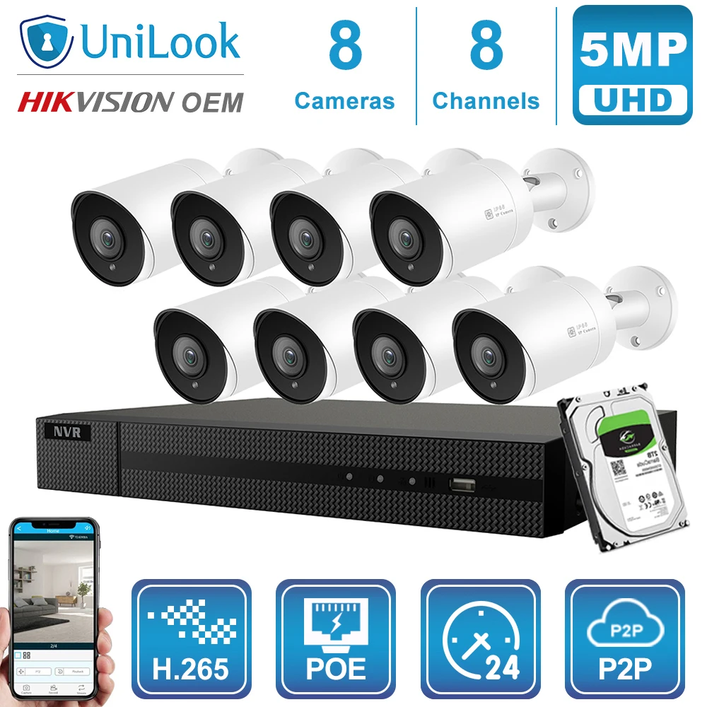 UniLook 8CH NVR 4/6/8Pcs 5MP Bullet POE IP Camera NVR Kit Security System Hikvison OEM Onvif H.265 Night Vision NVR Kit P2P View