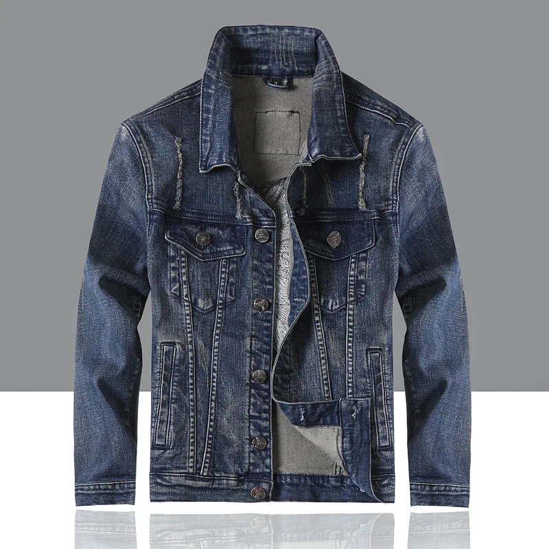

Men's Denim Jacket Blue Long-sleeved Lapel Back Embroidered Patch Jacket Young Men Streetwear Autumn Male Clothing Wholesale