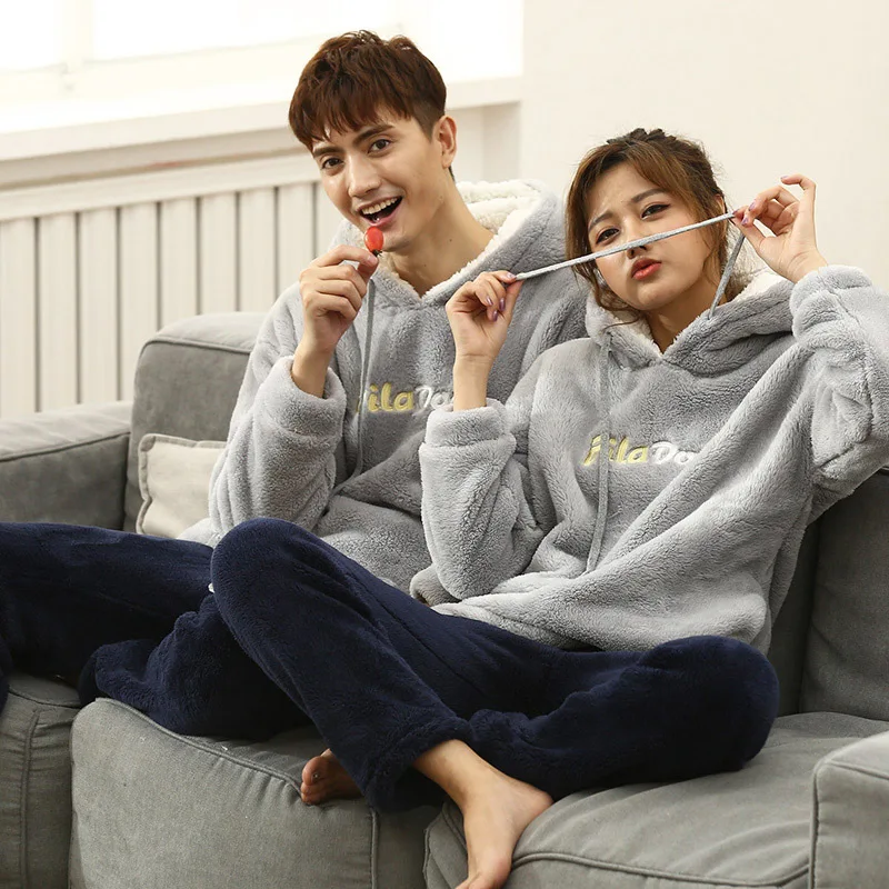 

Couples Flannel Women's Winter Men Hooded Autumn And Winter Outer Wear Thick Warm Pajamas Tracksuit Pullover Cashmere 95%