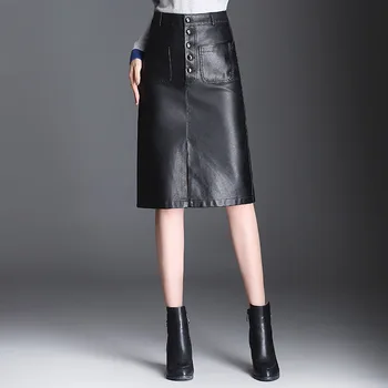 

PU Leather skirt women new autumn winter split skirts high waist long midi skirts for office lady single-breasted black slim OL