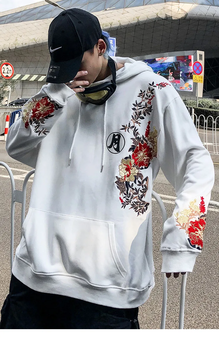 2021 Men Hip Hop Hoodie Sweatshirt Embroidered Floral Full Moon Rabbit Harajuku Streetwear Hoodie Pullover Cotton Autumn Hipster