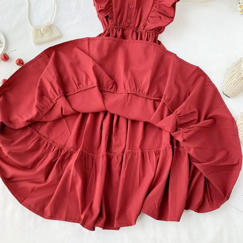 Elegant Women Midi Dress Fashion Summer Button A Line Sleeveless Ruffles Button High Waist Female Beach Vestidos New