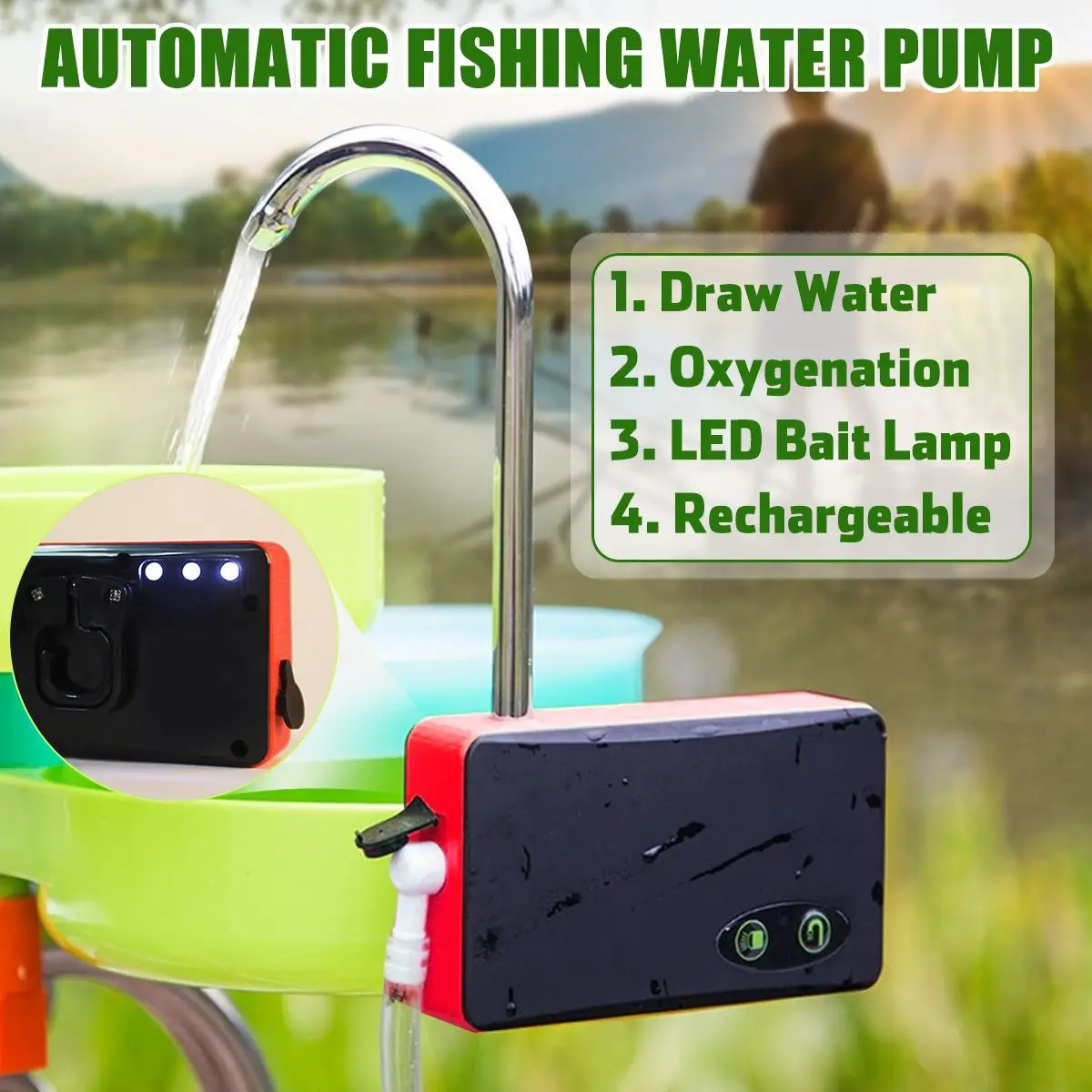 

DC5V Electric Absorbing Water Adding Oxygen Air Pump Outdoor Fishing Water Pump with Light Rechargeable Fishing Tackle Tool