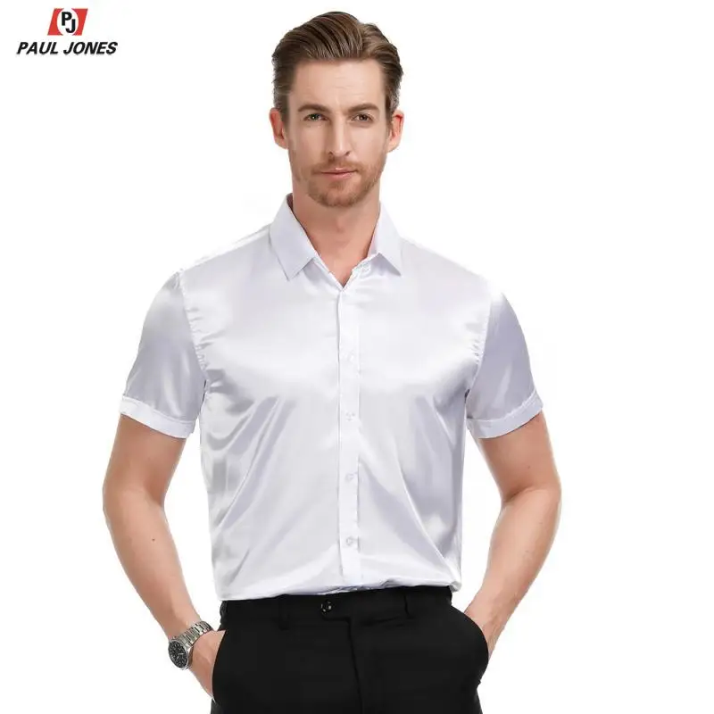 PAUL JONES Men's Slim Fit Solid Satin Dress Shirt Summer Short Sleeve Silk Like Shirt Tops Casual Square Collar Shirts PJ0199