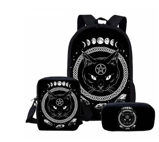 as picture Chirldren's 3PC Set School Backpack Gothic Black Cat Pattern Primary Kids Schoolbags Girls Casual Book Bags Satchel - Цвет: as picture