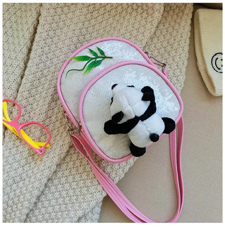 Mini PU leather Crossbody Bag for Little Girls Sequin Gillter School Handbags Teenagers Cute Panda Plush Backpack Pink Black Red (7)