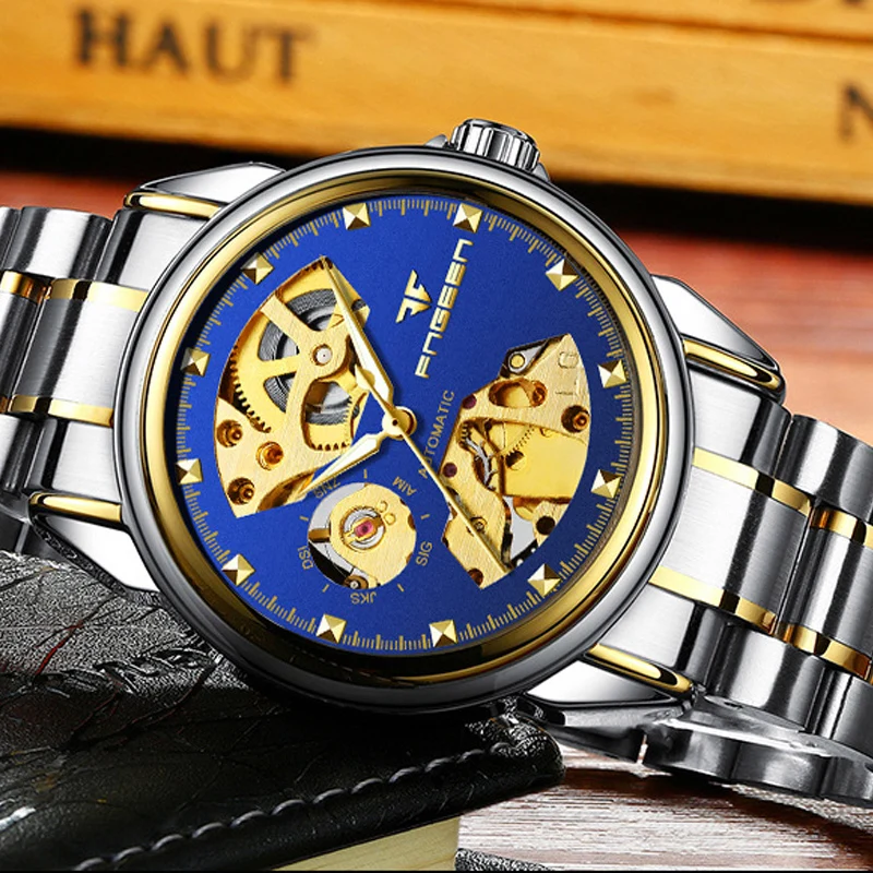 Men's Double Sided Hollow Transparent Automatic Mechanical Watch Waterproof Calendar Sports Luminous Business Steel Band Watch