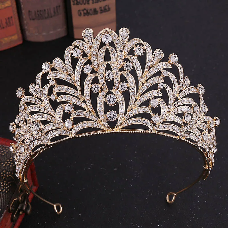 Барокко роскошные невесты Кристалл Королева Принцесса большие короны из горного хрусталя лист диадемы повязка на голову для невесты аксессуары для волос диадемы - Окраска металла: Золотой цвет
