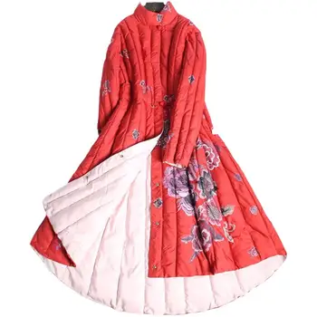 

Plus Size 4XL! Winter Coat women vintage Cotton-Padded Printing stand collar Long Jacket Coat