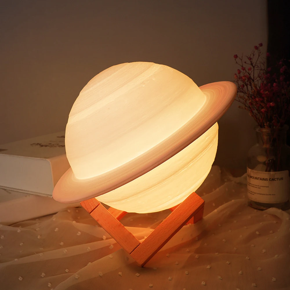 USB Rechargeable 3D Print Saturn Lamp With Holder Moon Night Light Dimmable Remote Control Bedroom Decor Gift Dropshipping | Лампы и