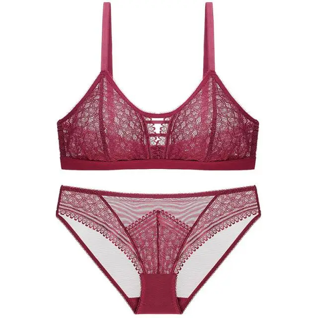 Frence lace triangle cup sleep women clothes sexy bra set wire free underwear sets girls bralette with pad and panties - Цвет: Бургундия