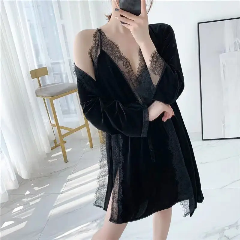 dark blue pajama set Одежда для дома, зимний Ночной костюм, кружевной домашний халат, комплект, флисовая Пижама, роскошный халат, одежда для сна, халаты для женщин - Цвет: dark blue pajama set