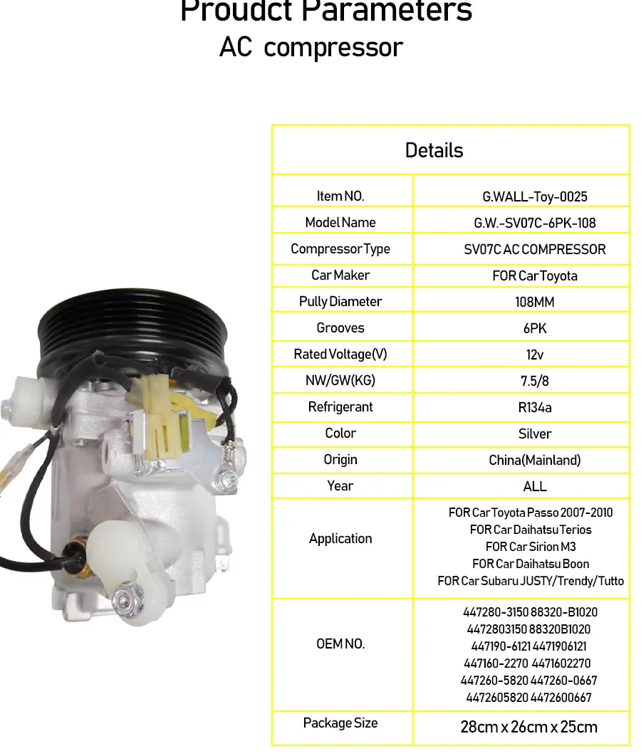 AC компрессор для Daihatsu Terios TOYOTA PASSO 2007 2008 2009 2010 447280-3150 88320-B1020 4472803150