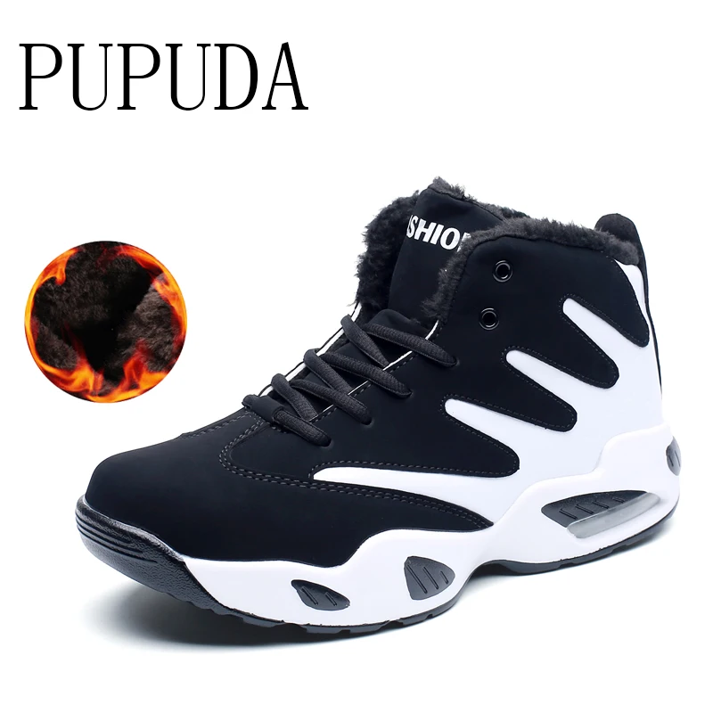 PUPUDA, мужская обувь, зимняя Удобная Спортивная повседневная обувь, мужская обувь для бега, мужские трендовые баскетбольные кроссовки для бега, мужские хлопковые зимние ботинки - Цвет: with fur white