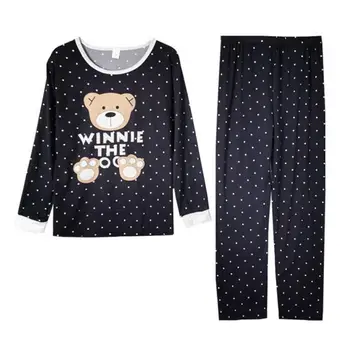 

Women Girls Fun Cartoon Nightwear Cute Women Long Sleeve Set Wave Pants Sleepwear Bear Point And Tops Pajamas Print W0I8