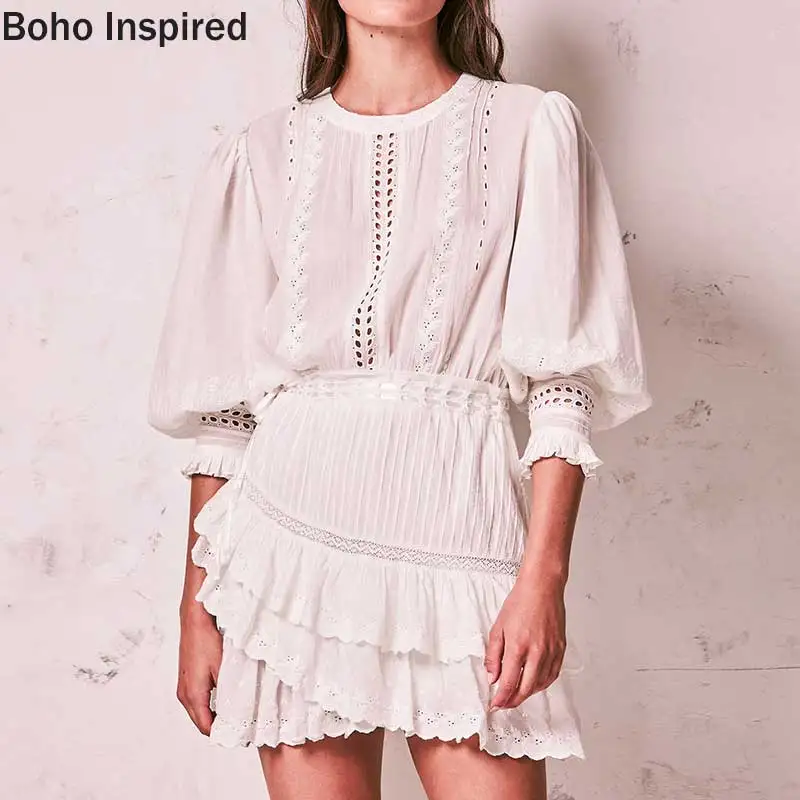 BOHO INSPIRED Lorelei tiered white party dress embroidery ruffle dress women O-neck lantern sleeve mini cotton boho dress