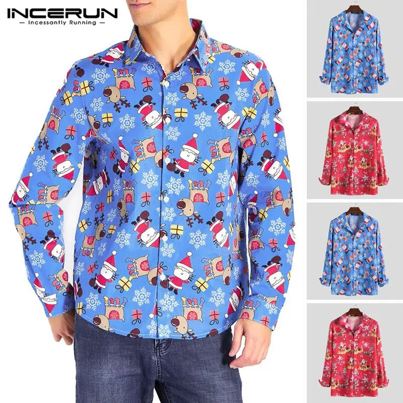 

INCERUN Men Shirt Christmas Printed Long Sleeve Button Camisa Lapel Collar Fashion High Quality Casual Shirt Men Streetwear 2019