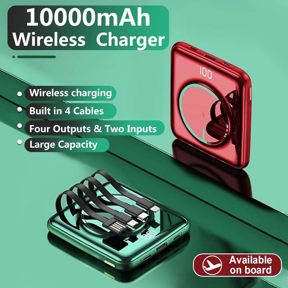 Caseier 10000mah mini power bank para iphone 12 carregador sem fio embutido 4 cabos de carregamento rápido portátil powerbank para xiaomi