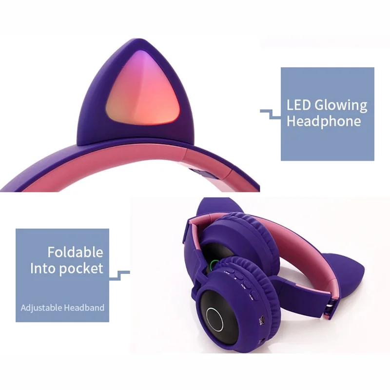 Cat Ear LED Bluetooth Headphone Noise Cancelling Girls Kids Cute Headphones Glowing Light Handsfree Headset Gaming Earphone